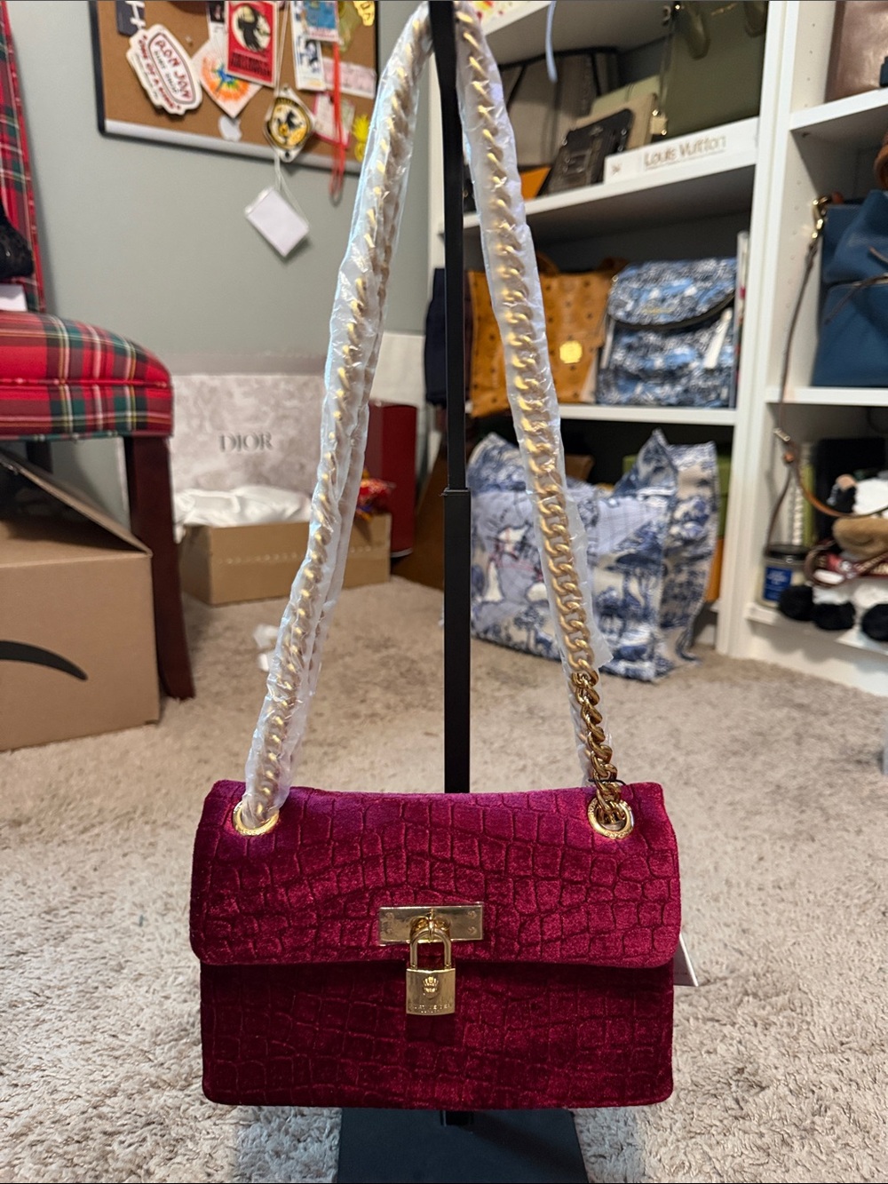 NWT Kurt Geiger Magenta Velvet Shoulder Bag